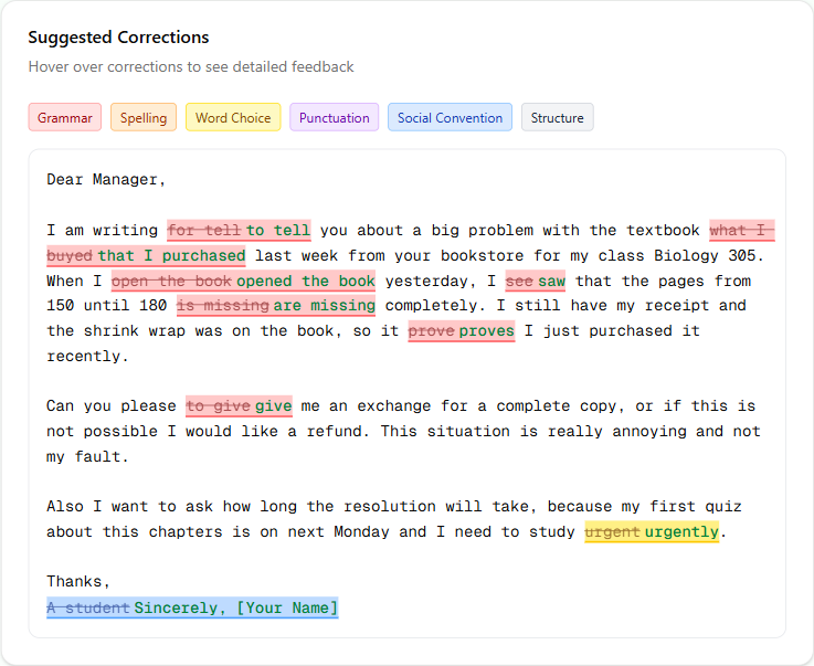 FluentPrep AI feedback on a Write an Email response: the submitted email with each error struck through, the correction shown beside it, and a color-coded key for grammar, word choice, punctuation, social convention, and structure.